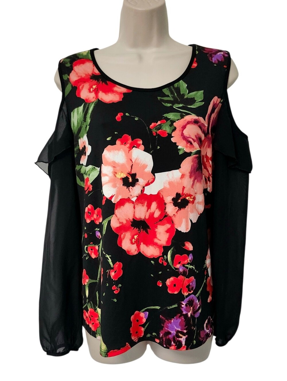 Laura sz L Cold-Shoulder Floral Blouse - Black with Red Floral Long Sleeves - Picture 3 of 11